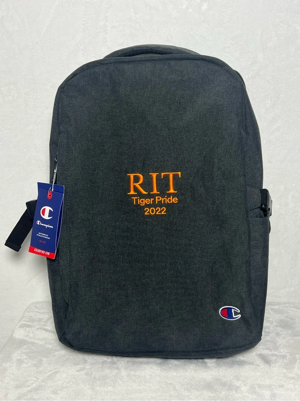 New CHAMPION Charcoal Gray Laptop Backpack w/ “RIT Tiger Pride 2022” Embroidery